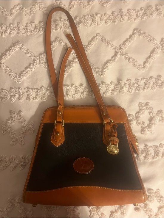 Dooney & Bourke Handbags - vintage 1990s Dooney & Bourke All-Weather Leather (AWL) Carpet Bag 
Black/Tan